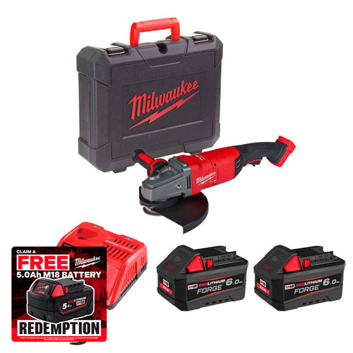 Milwaukee M18FLAG230XPDB-602X 18V FUEL™ 230mm Cordless Breaking Grinder with Paddle Switch with 2x 6.0Ah Batteries & Fast Charger